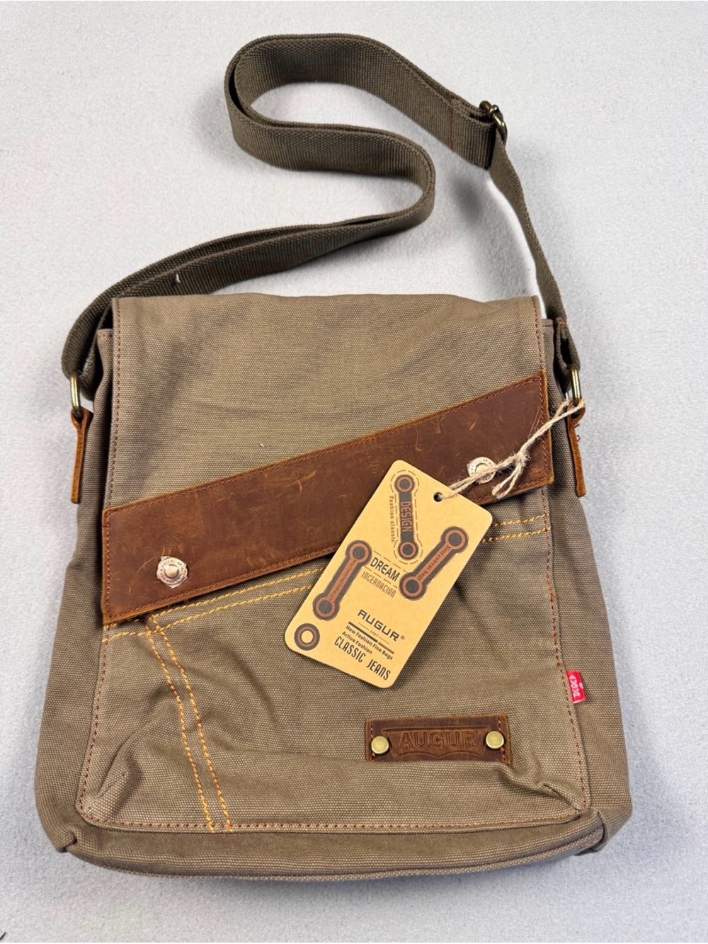 AUGUR Canvas Crossbody Bag in Khaki with Brown Leather Trim